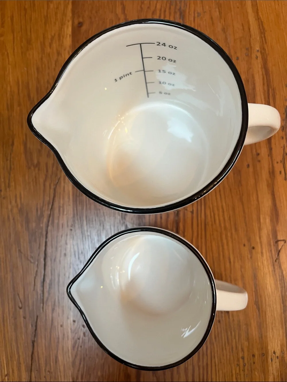 Magnolia White Ceramic Measuring Pitchers with Black Trim